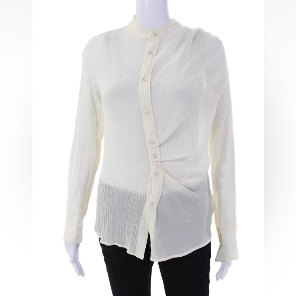 BITE Womens White A-Symmetrical Button Front Long Sleeve Sheer Blouse Size 4